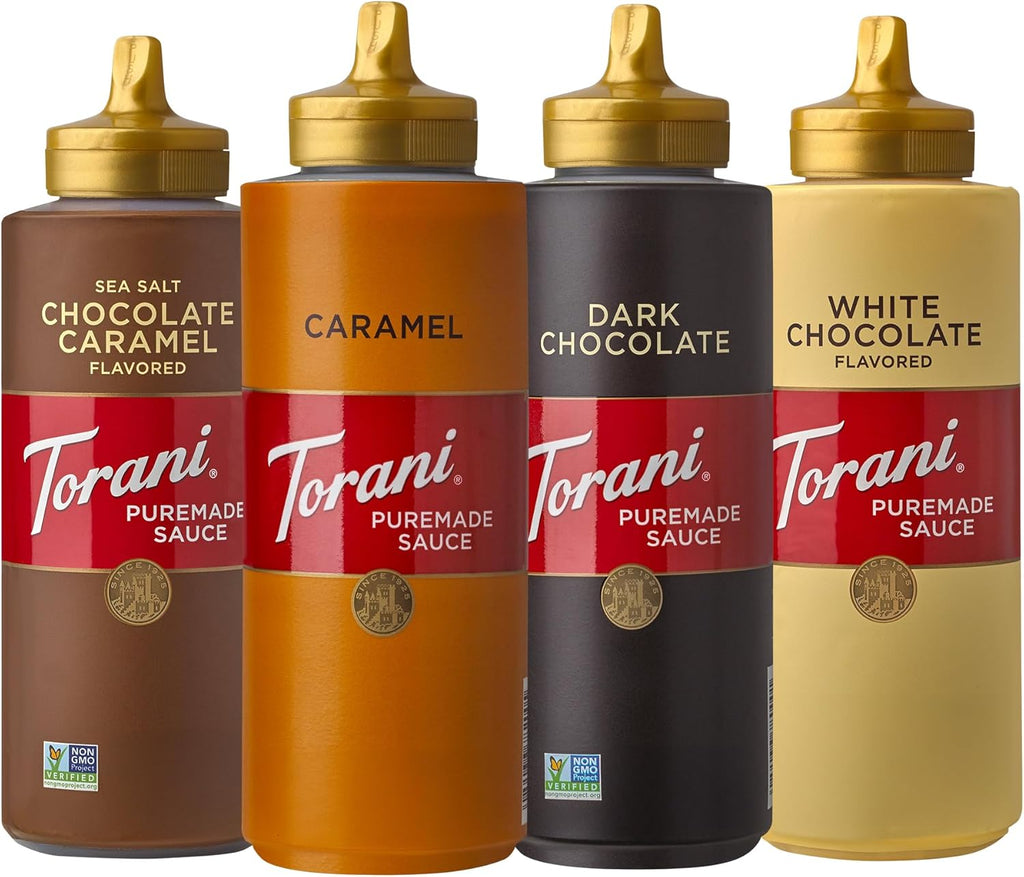 Torani Puremade Dessert & Drink Sauce Variety Pack, Chocolate Caramel, Dark Chocolate, White Chocolate & Caramel, 16.5 fl oz (Set of 4)