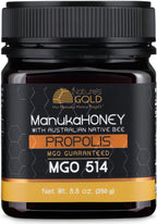 Nature’s Gold Raw Manuka Honey with Australian Native Bee Propolis, MGO 514+ | 8.8oz (250g), 100% Pure Genuine Traceable Hive to Home