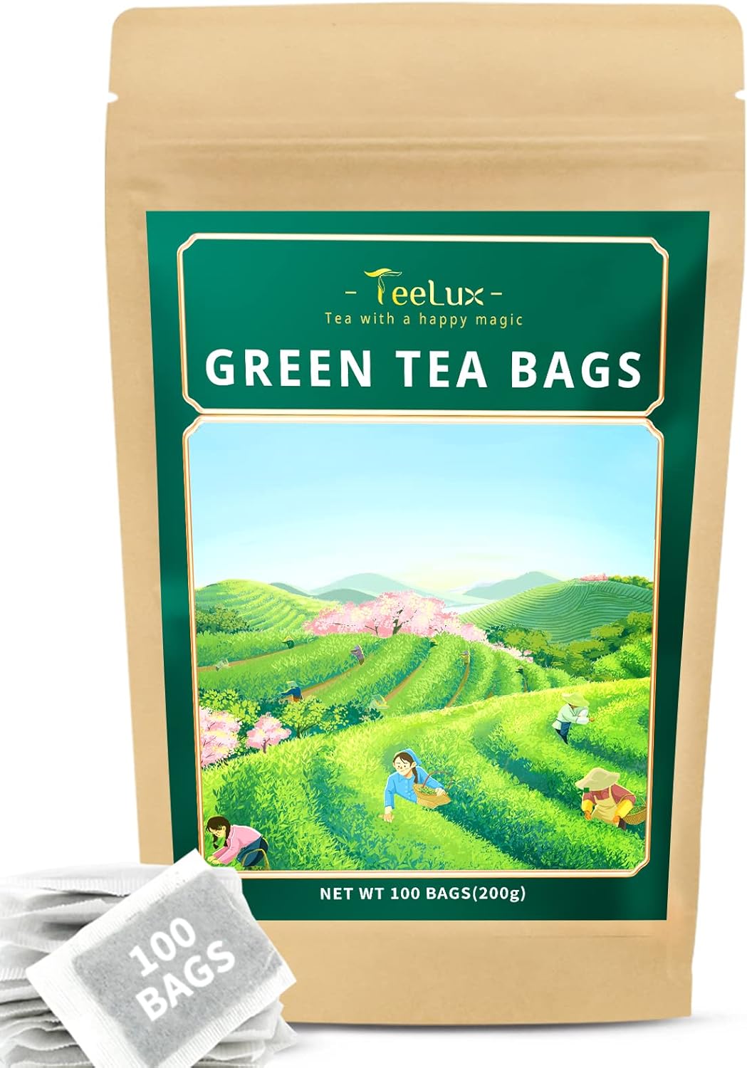 TeeLux Green Tea Bags, Natural Pure Green Tea, Super Antioxidant, Caffeinated, 100 Count Tea Bags to Support Overall Health