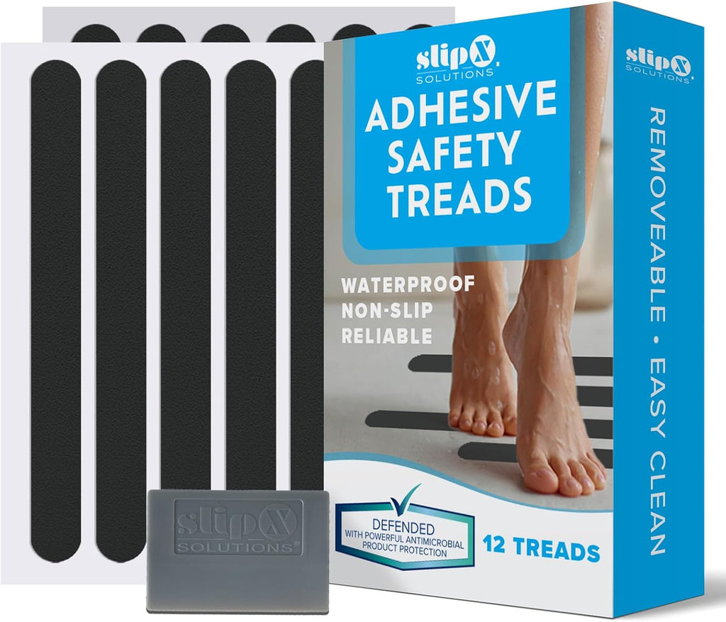 SlipX Solutions Adhesive Anti-Slip Safety Treads, Non Slip Shower Stickers, Reliable Grip for Bathtubs, Showers, Pools, Boats, Stairs & More, Safety Stickers (12 Pack, 7.5” x 0.75”, Black)