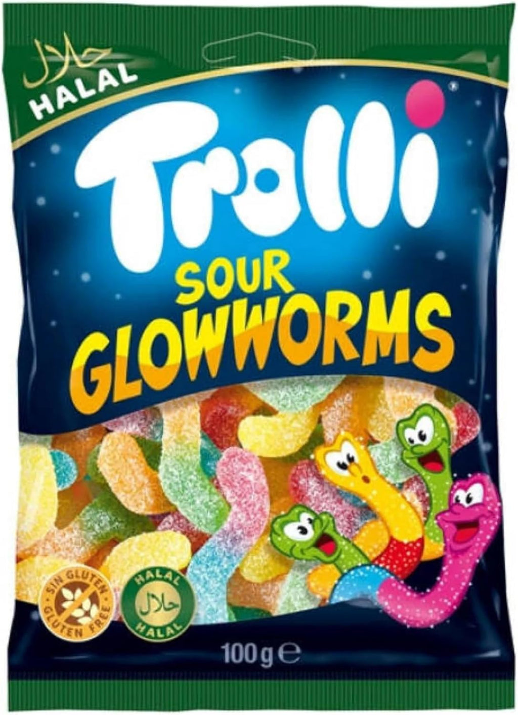 Trolli Sour Glowworms Halal I Fruit flavored Gummy Worms with Sour Coating I 100g 3.5 ounce