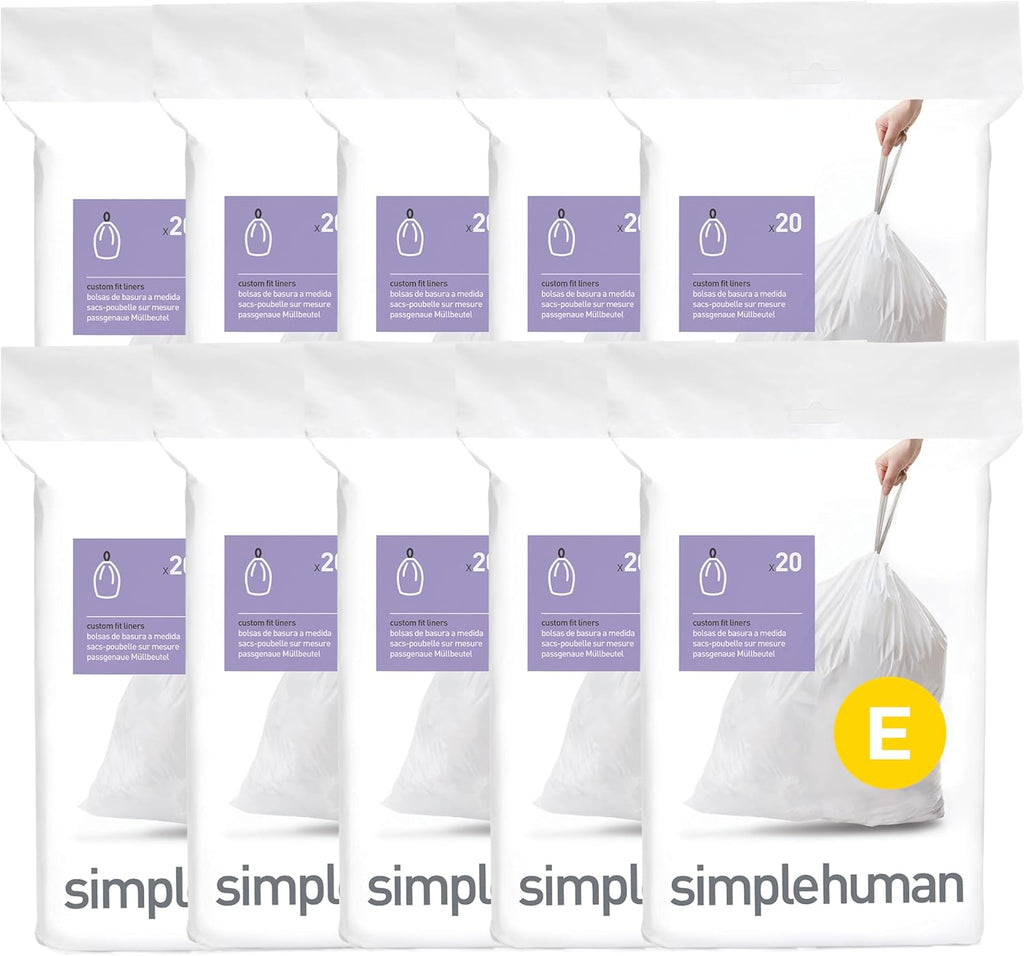 simplehuman Code E 200 Count, Dispenser Pack Custom Fit Liners, Drawstring Trash Bags, 20 Liter / 5.3 Gallon, White