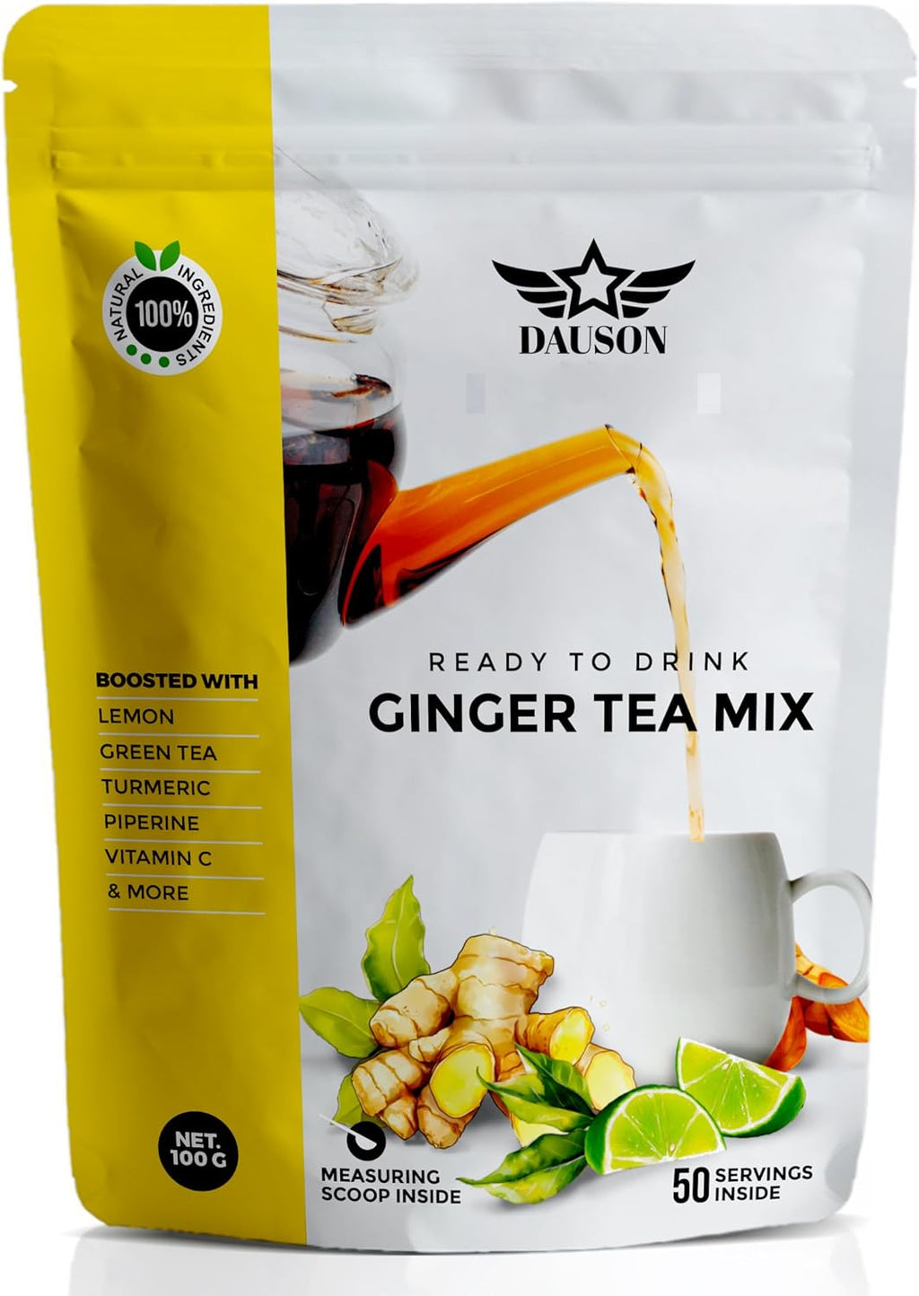 Ginger Turmeric Tea Mix – Refreshing Blend of Decaf Green Tea, Lemon, Licorice, Vitamin C – Caffeine-Free, Vegan, Gut-Friendly Detox Tea - Herbal Powder - 50 Servings