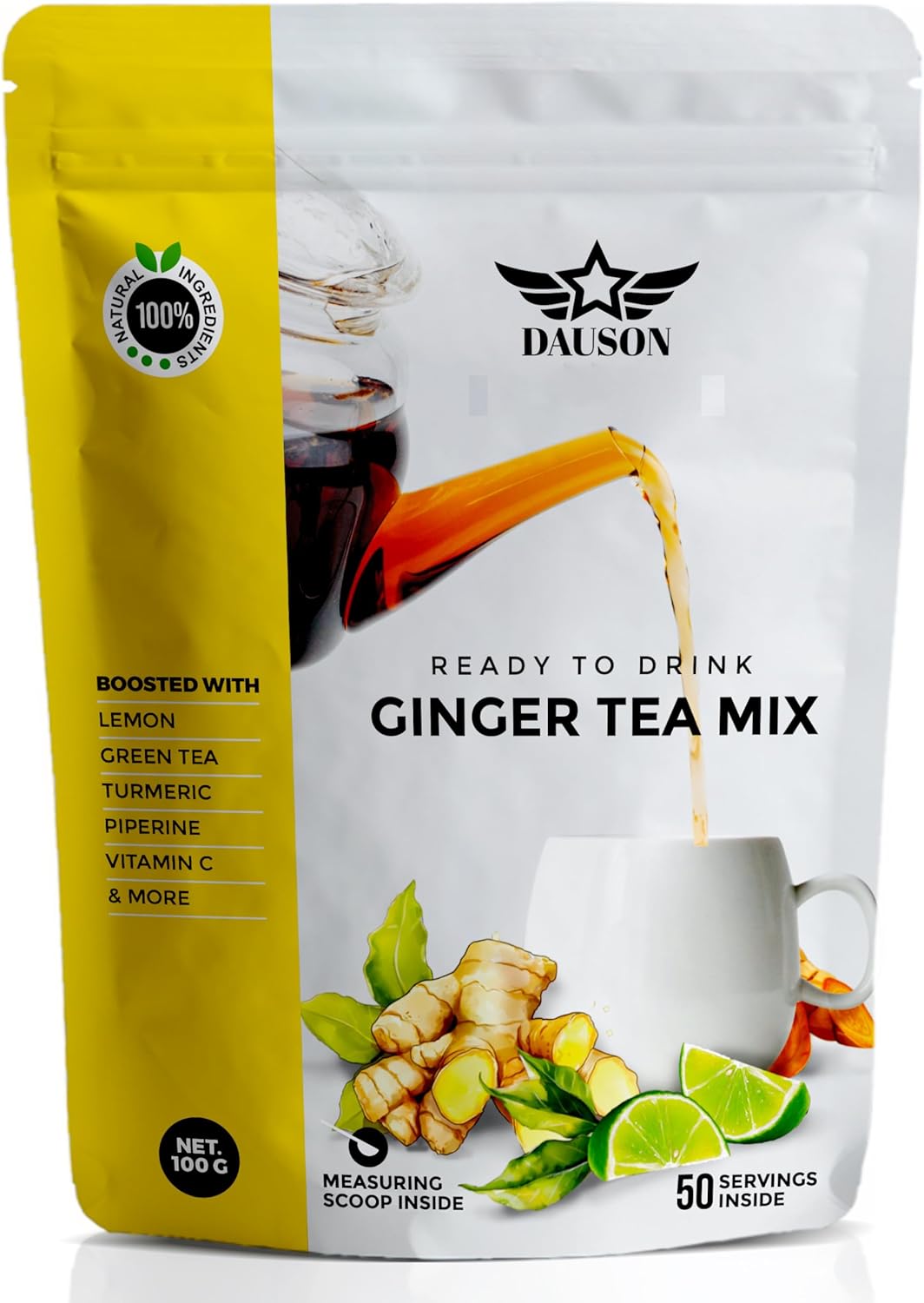Ginger Turmeric Tea Mix – Refreshing Blend of Decaf Green Tea, Lemon, Licorice, Vitamin C – Caffeine-Free, Vegan, Gut-Friendly Detox Tea - Herbal Powder - 50 Servings