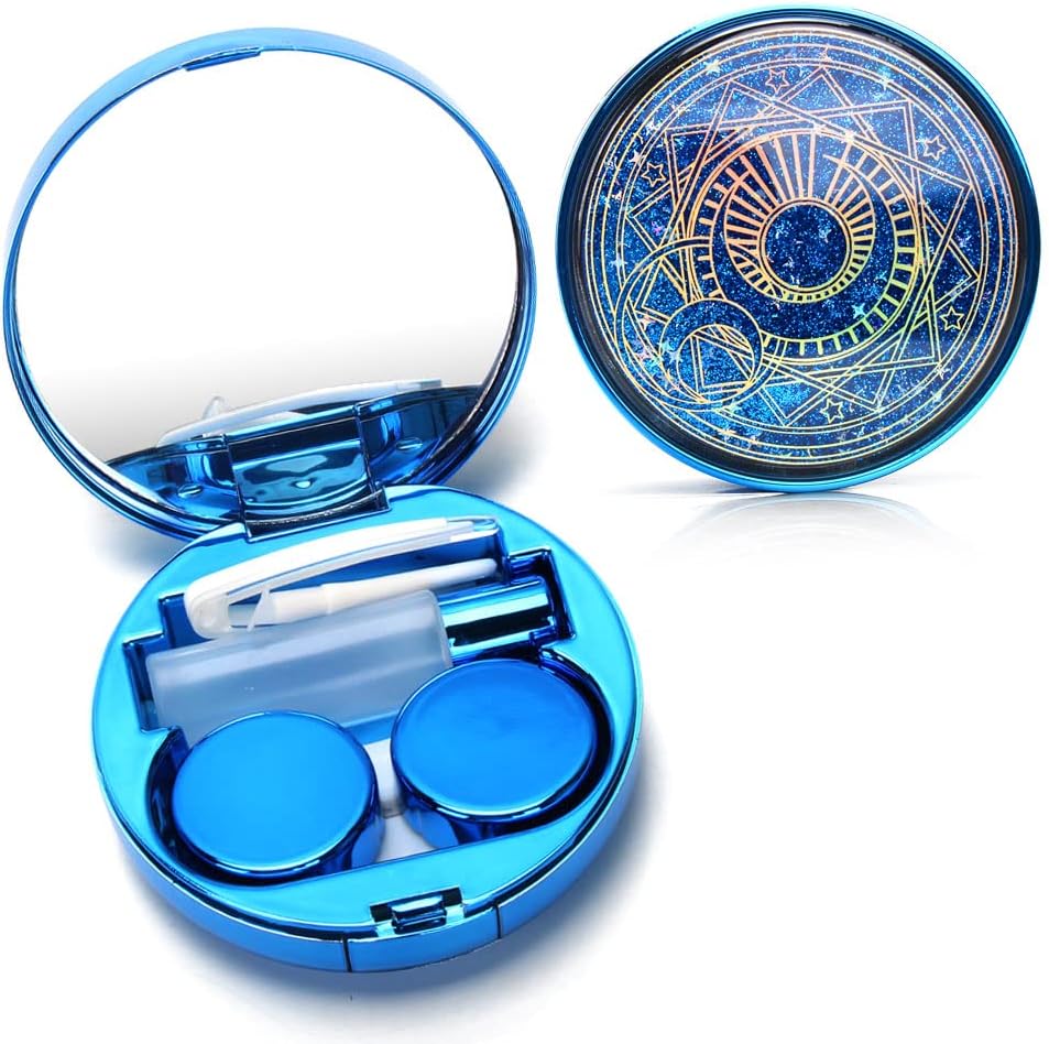 ofone Contact Lens Case, Bling Stars Cute Contact Lenses Holder Travel Kit with Remover Tool Tweezers Solution Bottle Mirror Portable Contacts Storage Container for Women Girl (Blue)