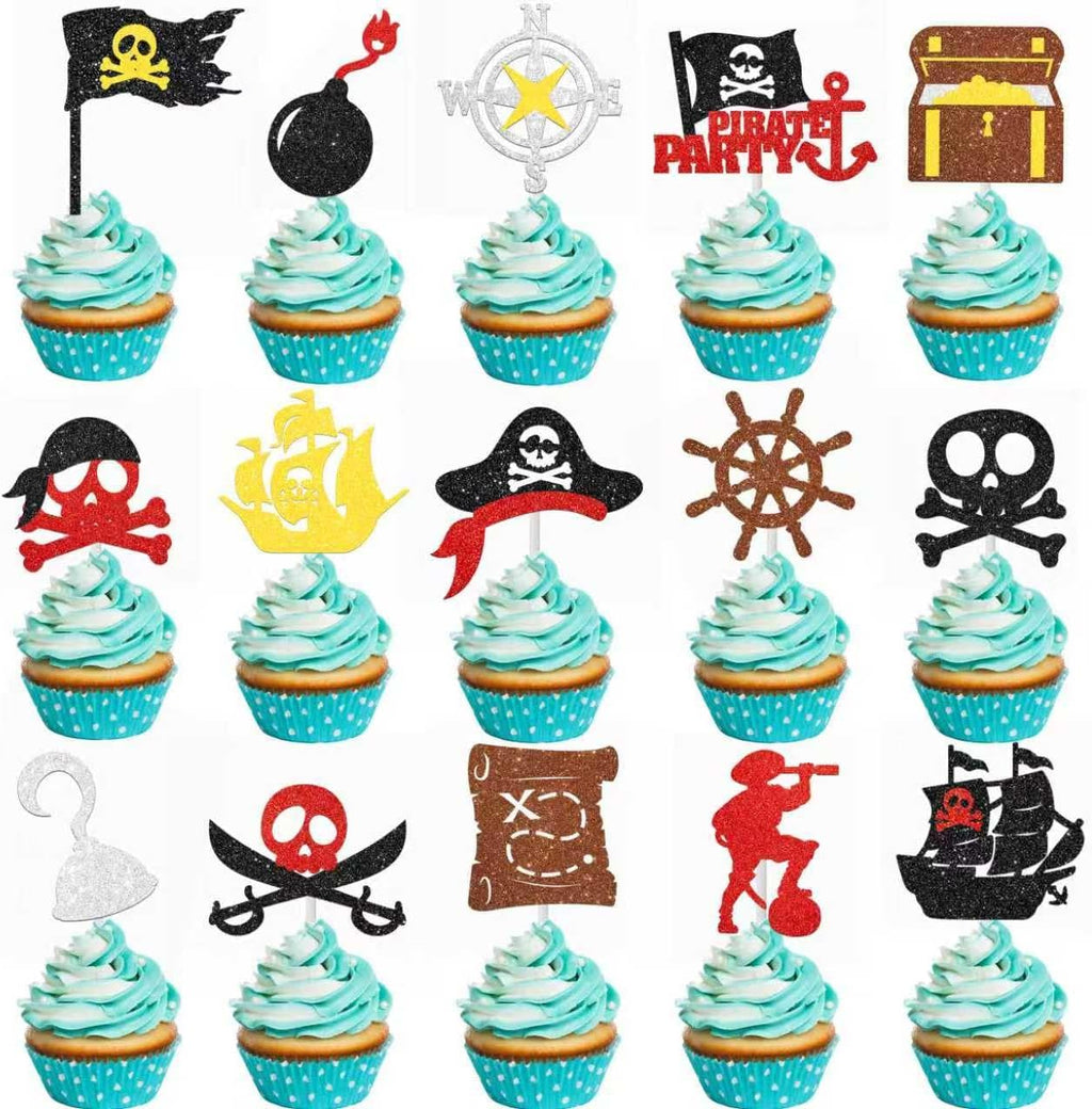 24pcs Glitter Pirate Theme Cupcake Toppers Pirate Party Decoration Nautical Sailing Cake Cupcake Picks for Pirate Themed Birthday Party Decorations Baby Shower Supplies