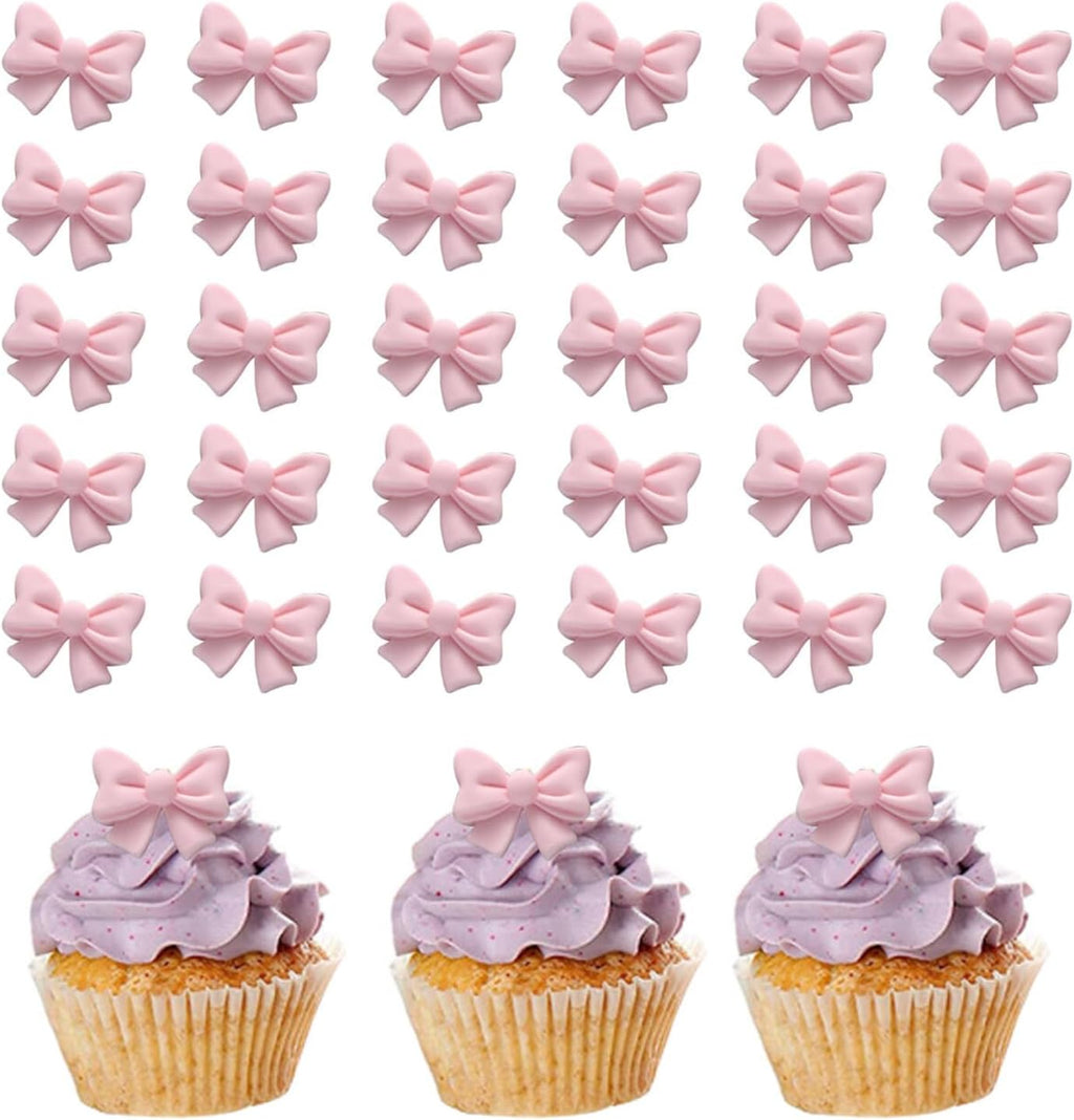 30 Pcs Bowknot Cupcake Toppers Pink Bow Cake Picks Bridal Engagement Wedding Baby Shower Birthday Party Theme Decoration Supplies