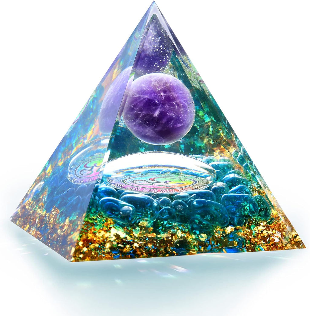 Orgone Pyramid Healing Crystal Meditation Positive Energy Generator Amethyst and Blue Quartz, Promote Wealth and Prosperity