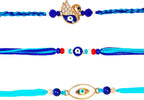 Raksha Bandhan Premium Set of 3 Evil Eye Rakhi for Brother with Raksha Bandhan Greeting Card & Roli Chawal Tika | Designer Evil Eye Rakhi for Small Brother | Evil Eye Elephant Rakhi for Bhaiya Brother