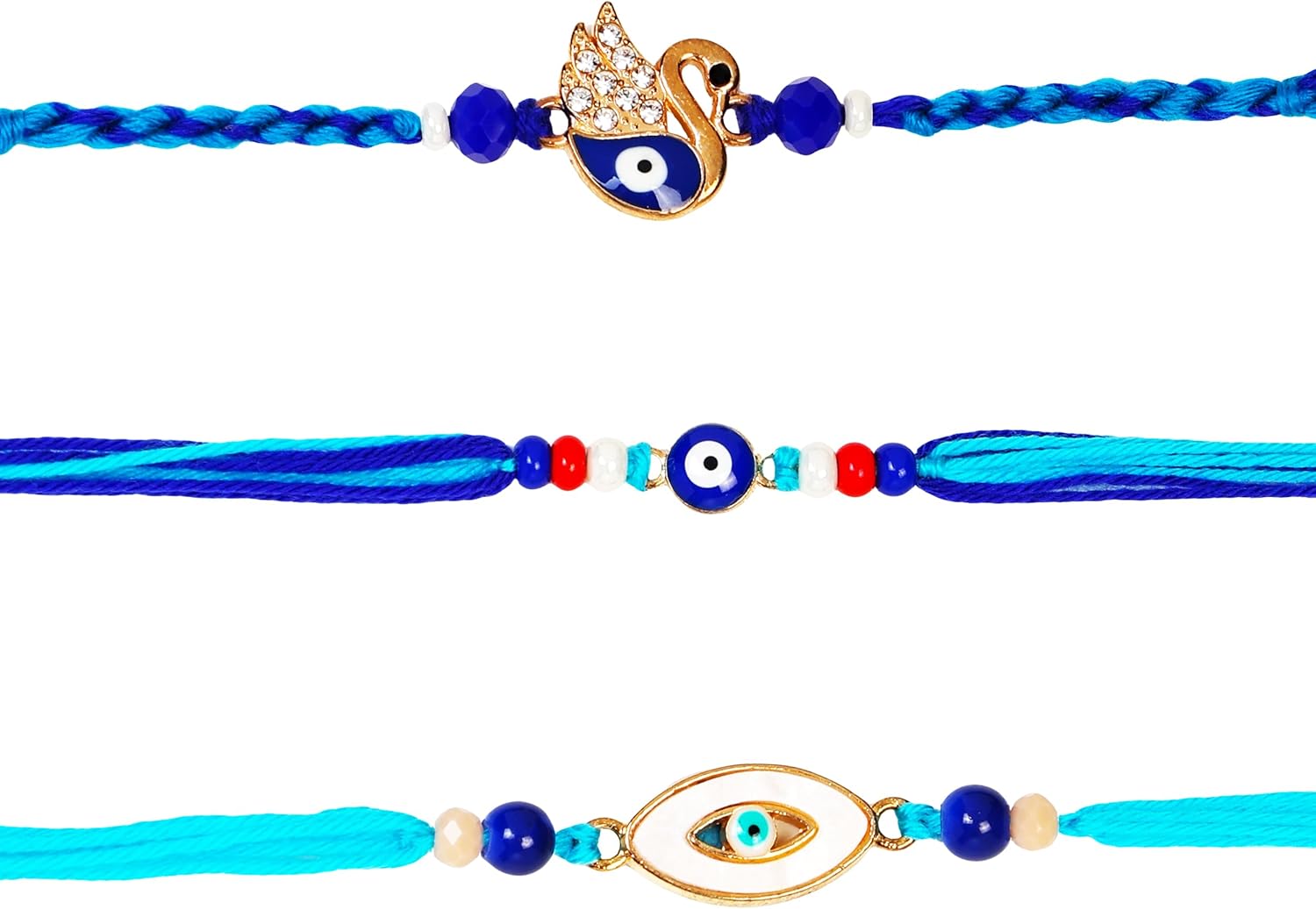 Raksha Bandhan Premium Set of 3 Evil Eye Rakhi for Brother with Raksha Bandhan Greeting Card & Roli Chawal Tika | Designer Evil Eye Rakhi for Small Brother | Evil Eye Elephant Rakhi for Bhaiya Brother