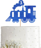 Blue Train 3rd Birthday Cake Topper, Blue Glitter Boy Girl 3 Years Birthday Party Decoration