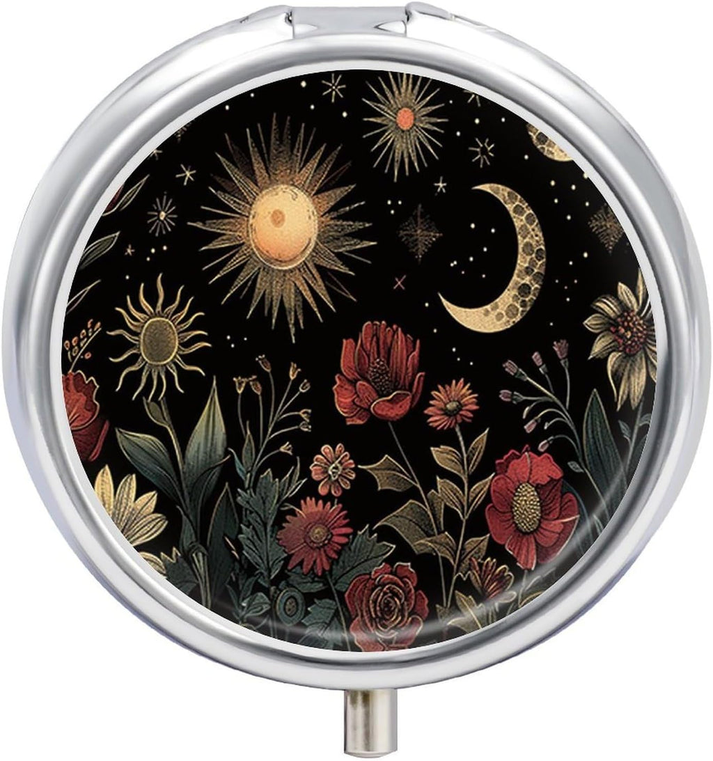 Pill Box-3 Compartment Small Pill Case, Portable Round Pill Box for Pocket or Purse, Decorative Metal Medicine Vitamin Organizer. (The Beautiful Scenes at Night)