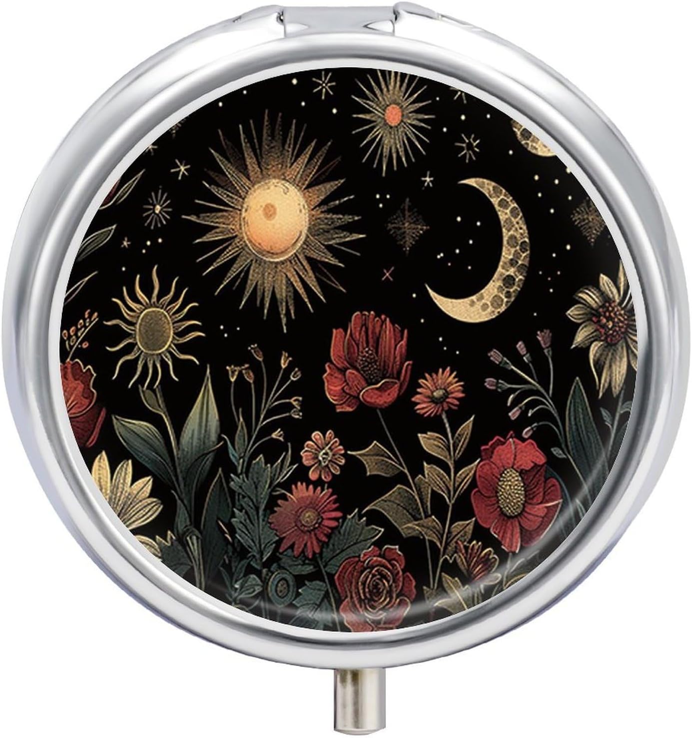 Pill Box-3 Compartment Small Pill Case, Portable Round Pill Box for Pocket or Purse, Decorative Metal Medicine Vitamin Organizer. (The Beautiful Scenes at Night)