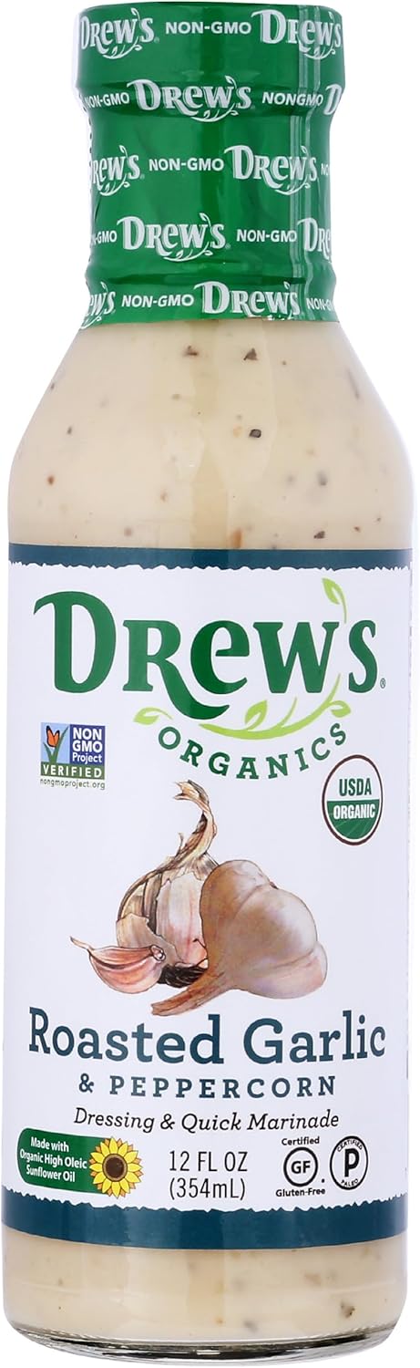 Drew's All-Natural Salad Dressing and 10 Minute Marinade, Roasted Garlic & Peppercorn, 12-Ounce Bottle