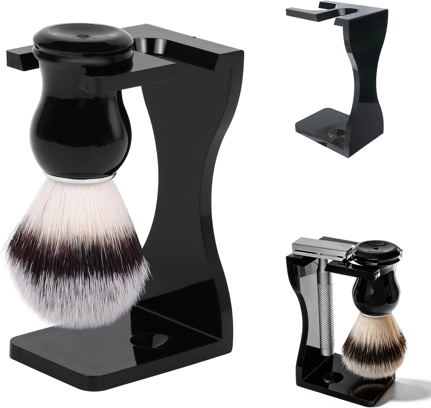Keropy 2-in-1 Shaving Brush and Razor Stand, Black Acrylic Durable Razor Holder, One-Piece Shave Brush Stand, Safety Razor Stand for Men, Universal Bathroom Storage Organizer, Grooming Gift for Men