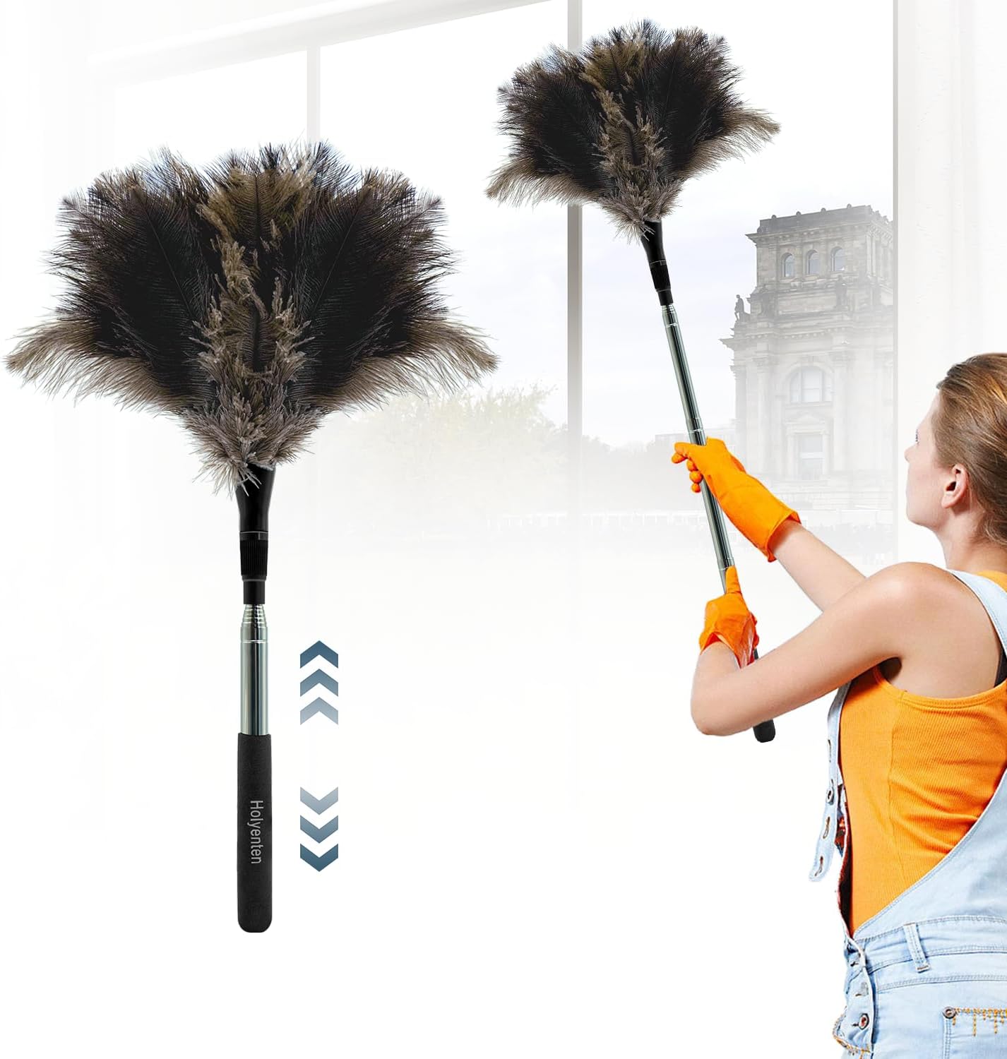 Extendable Feather Duster - 47 inches Soft Long Handle Reusable Feather Duster for Cleaning Ceiling Fan,Hanging lamp, High Ceiling, Blinds, Furniture，Ostrich Feather Duster
