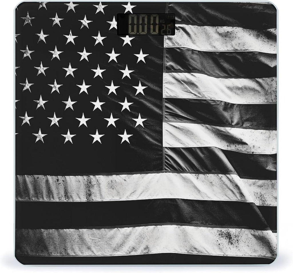 Black and White American Flag Scale for Body Weight Highly Accurate Digital Bathroom Scales Sturdy Tempered Glass Weighing Scale with LCD Display Fashion Body Fat Smart Scales 400lb