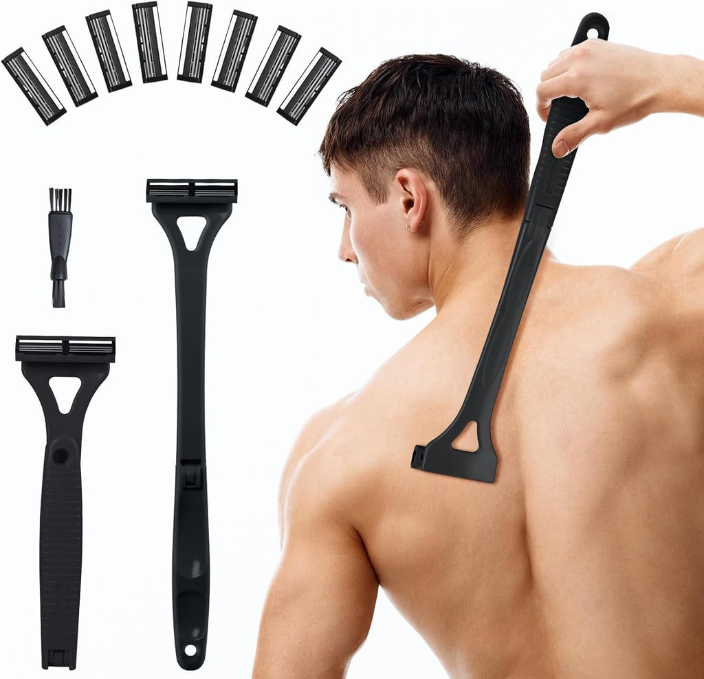 Back Shavers for Men with Foldable Long Ergonomic Handle: DIY Hair Shaver, Replaceable Safety Blade & Portable Razor Groomer for Men, Wet & Dry Shaving-Black (8PCS Blades Included)
