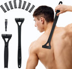 Back Shavers for Men with Foldable Long Ergonomic Handle: DIY Hair Shaver, Replaceable Safety Blade & Portable Razor Groomer for Men, Wet & Dry Shaving-Black (8PCS Blades Included)
