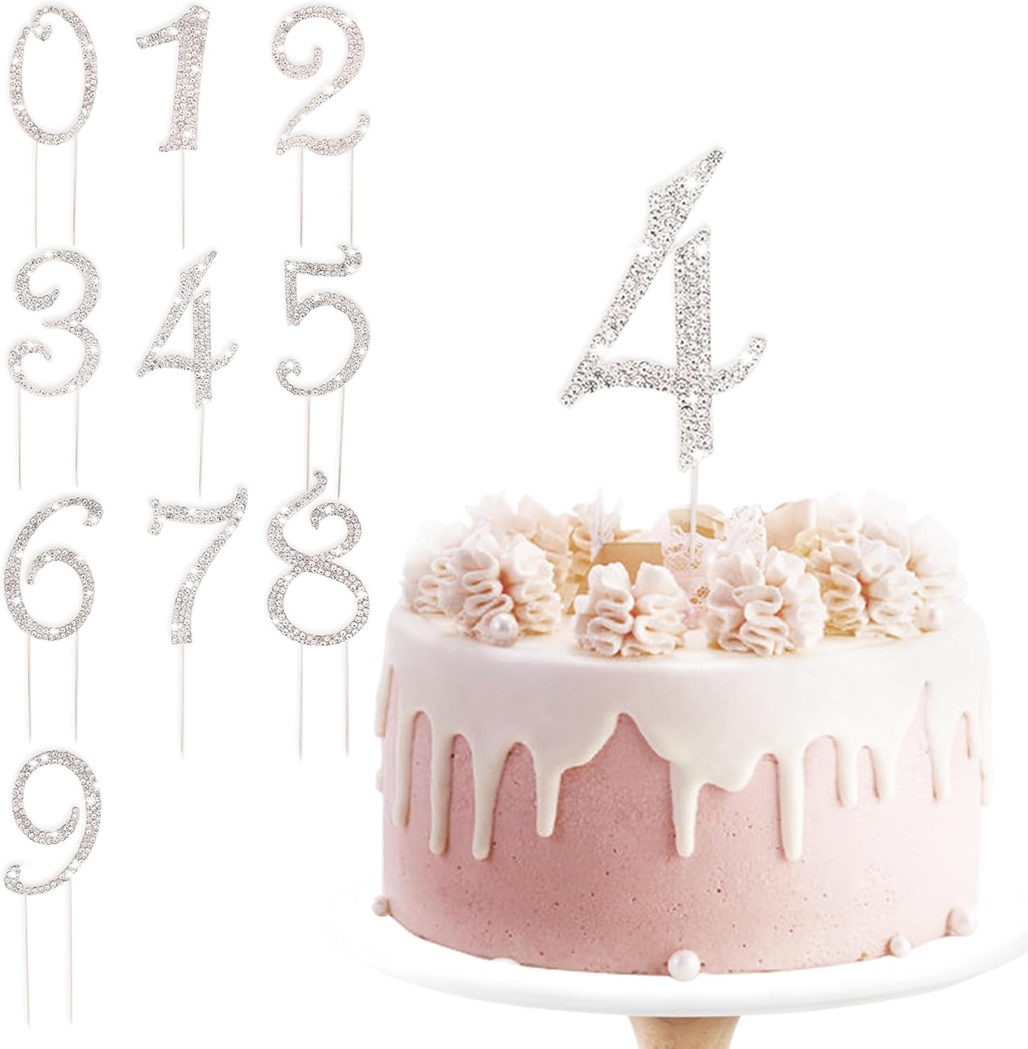 BEIDHIA Number Cake Topper 0-9,Silver Bling Rhinestone Happy Birthday Cake Topper for 4th 16th 18th 21st 30th 40th 60th 70th Birthday Party Anniversary Wedding Cake Decorations
