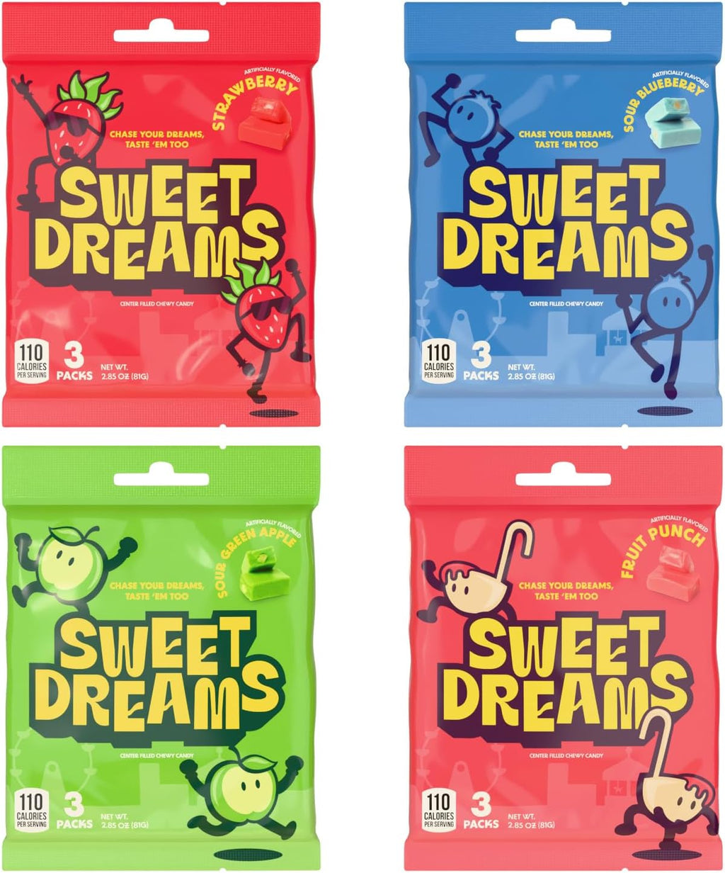 Sweet Dreams Center Filled Soft Chewy Candy Individually Wrapped, Gluten-Free Candies Party Size, Bulk Fruit Chews Candy for Kids - Fruit Punch Flavor, 4 Assorted Candies Pack - 3 Sticks Per Bag, 8 Pieces Per Stick- 96 Total Pieces