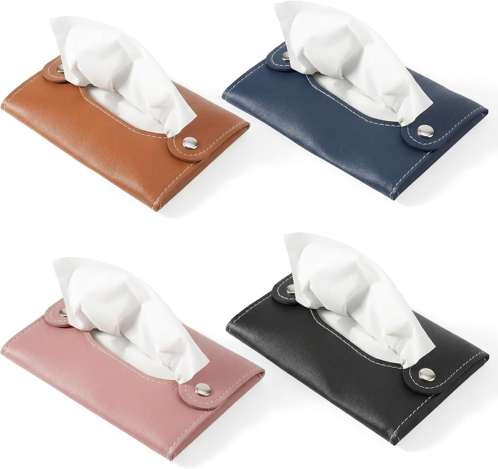 4 Pcs Tissue Holder for Purse,Slim PU Leather Travel Purse Tissue Holder, Reusable 4 Color Pocket Tissues Holders, Handbag or Pocket (Fits Standard Pockets Packs)