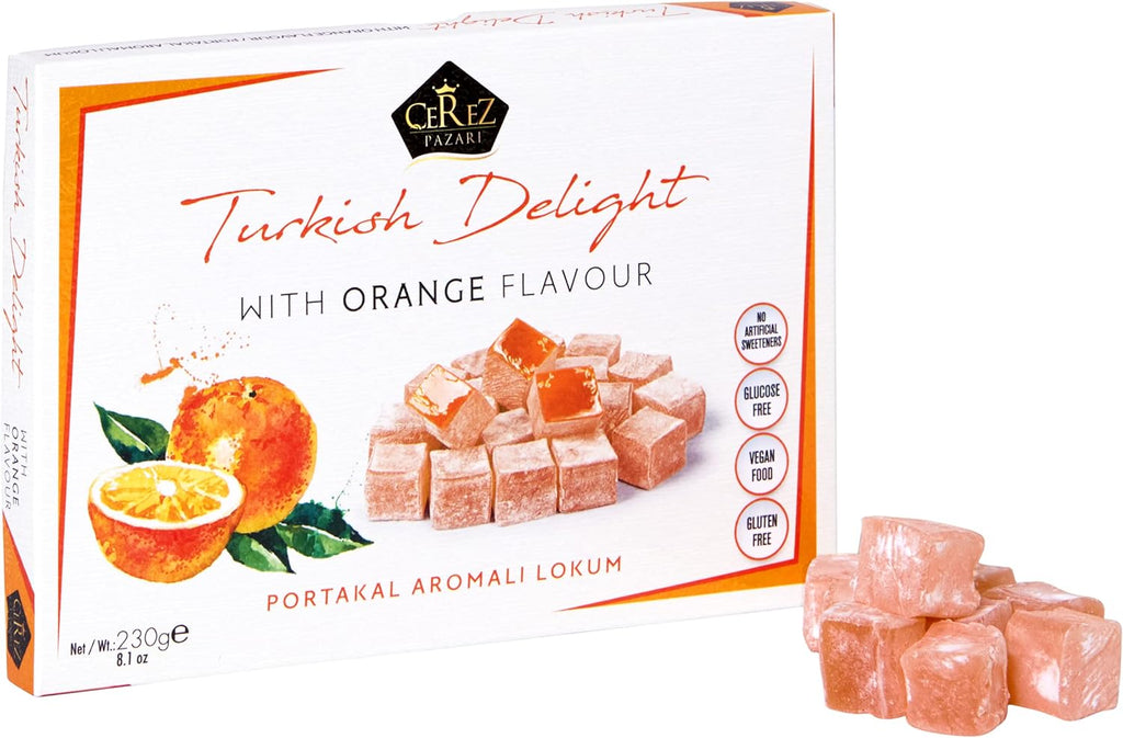 Cerez Pazari Turkish Delight Orange Flavor, Gourmet Small Size Snacks Gift Box, Sweet Traditional Confectionery, Vegan Soft Candy Dessert Loukoumi, Nut & Glucose-Free Lokum, Approx. 40 Pcs, 8.1 oz.