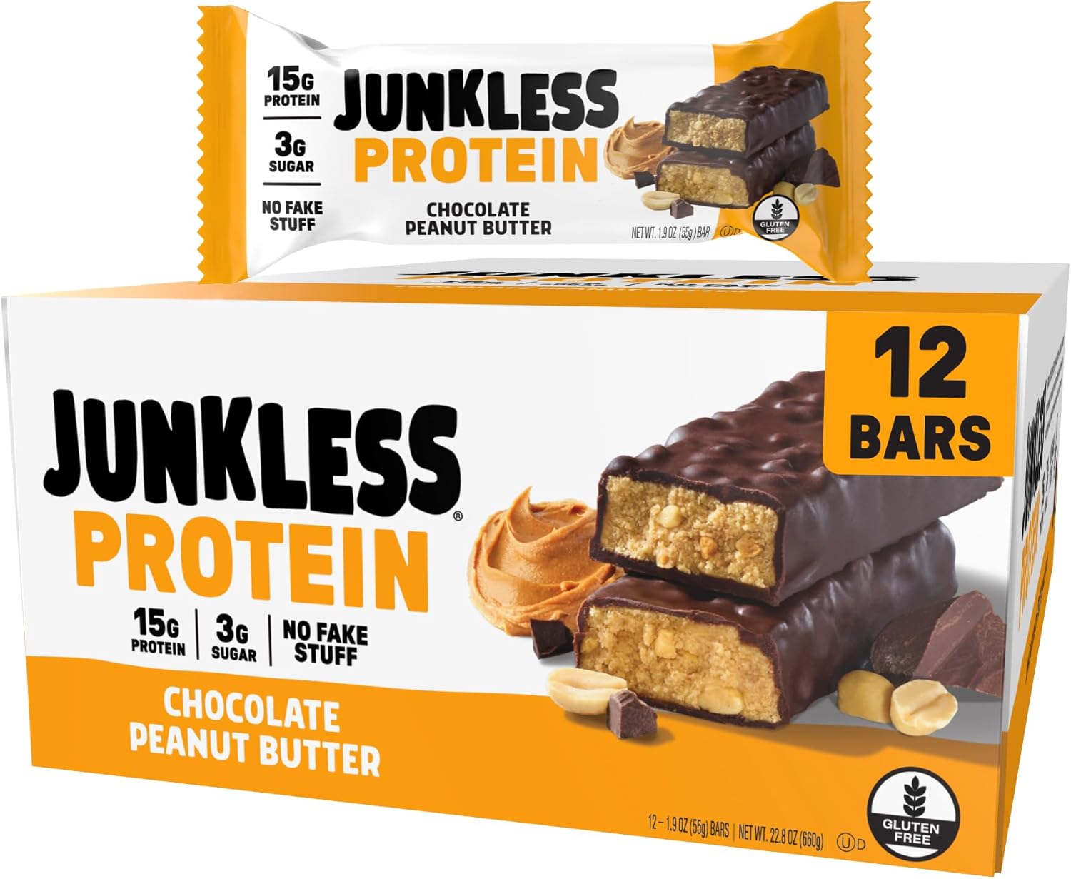 JUNKLESS Chocolate Peanut Butter Protein Bars | 15g Protein, No Added Sugar, High Fiber, Gluten Free | Healthy Snack for Kids & Adults | 12 Bars
