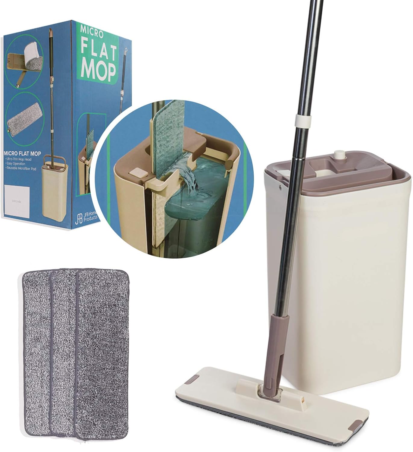 JFB Home Products Micro Flat Mop & Bucket System, Hands-Free Wringing Floor Cleaning, 3 Washable & Reusable Microfiber Pads, Wet or Dry Usage on Wood, Marble, Tile, Laminate, Ceramic and Vinyl Floors