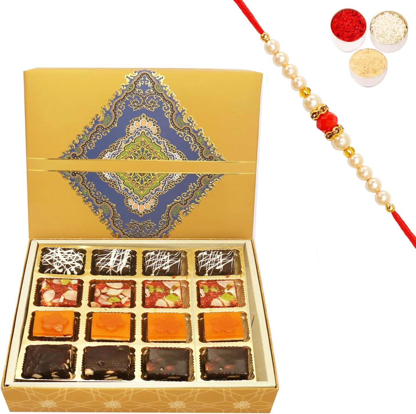 Ghasitaram Gifts Rakhi Gifts for Brothers Rakhi Sweets - 16 pcs Ghasitaram Special Bites SQ Box with Beads Rakhi