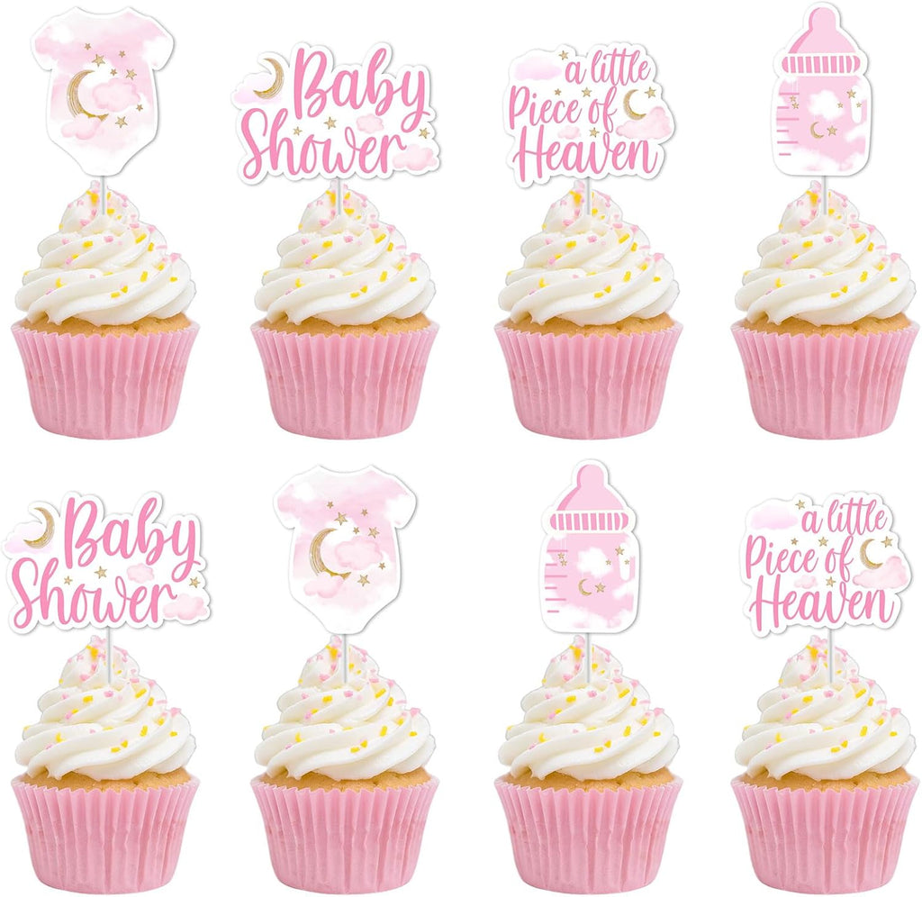 36Pcs A Little Piece of Heaven Cupcake Toppers, Pink Clouds Bodysuit Cupcake Picks Welcome Baby Cake Decorations for Girls Baby Shower Pregnancy Announcement Supplies
