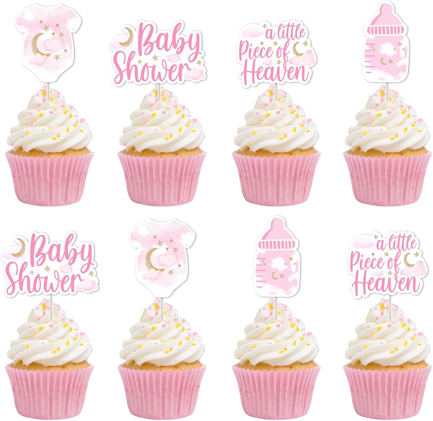 36Pcs A Little Piece of Heaven Cupcake Toppers, Pink Clouds Bodysuit Cupcake Picks Welcome Baby Cake Decorations for Girls Baby Shower Pregnancy Announcement Supplies