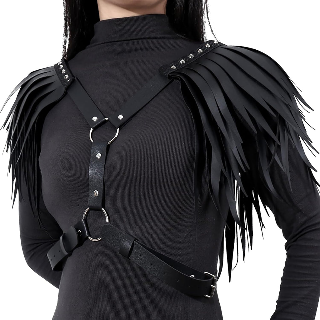 PURFUN Women Punk PU Leather Tassel Shoulder Harness Belt Gothic Black Fringed Body Harness Belt Adjustable Sexy Nightclub Rave Roleplay Cosplay Halloween Costume Chest Chain Body Chain Jewelry