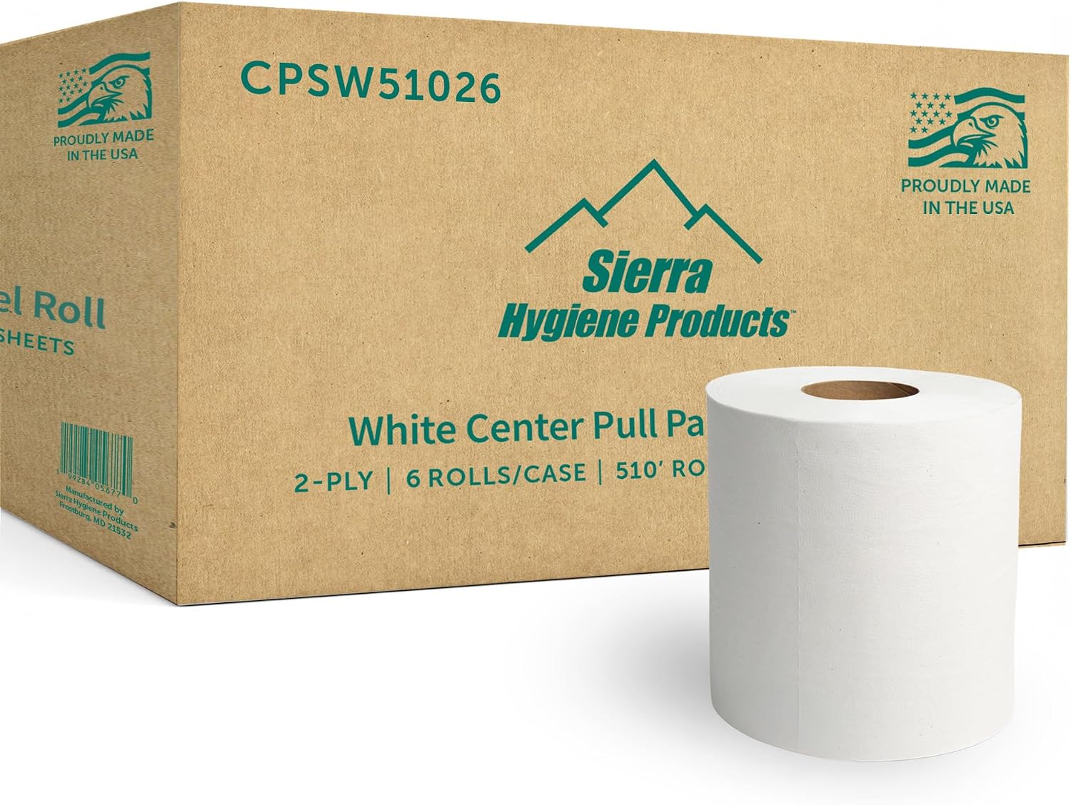 Sierra Hygiene 510’ Centerpull Paper Towels (7.5" x 10.5" Sheets) 2-Ply White – 6 Rolls Commercial Center Pull Paper Towel Rolls, For Offices, Restaurants, Schools & Warehouses, Made in USA