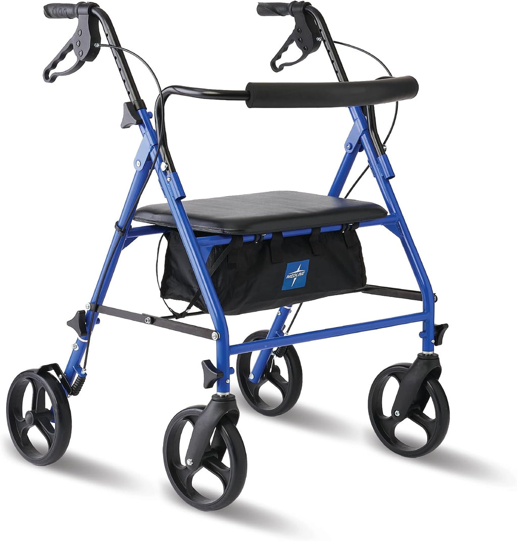 Medline Large Steel Bariatric Rollator Walker with Adjustable Handles, Padded Seat & Backrest, Blue, 500 lb. Weight Capacity, Foldable, Under Seat Storage, 8" Wheels, for Seniors & Adults