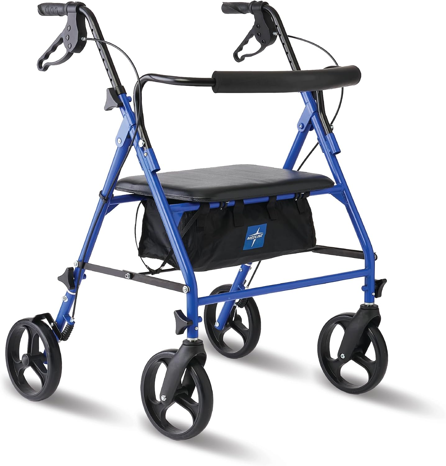 Medline Large Steel Bariatric Rollator Walker with Adjustable Handles, Padded Seat & Backrest, Blue, 500 lb. Weight Capacity, Foldable, Under Seat Storage, 8" Wheels, for Seniors & Adults