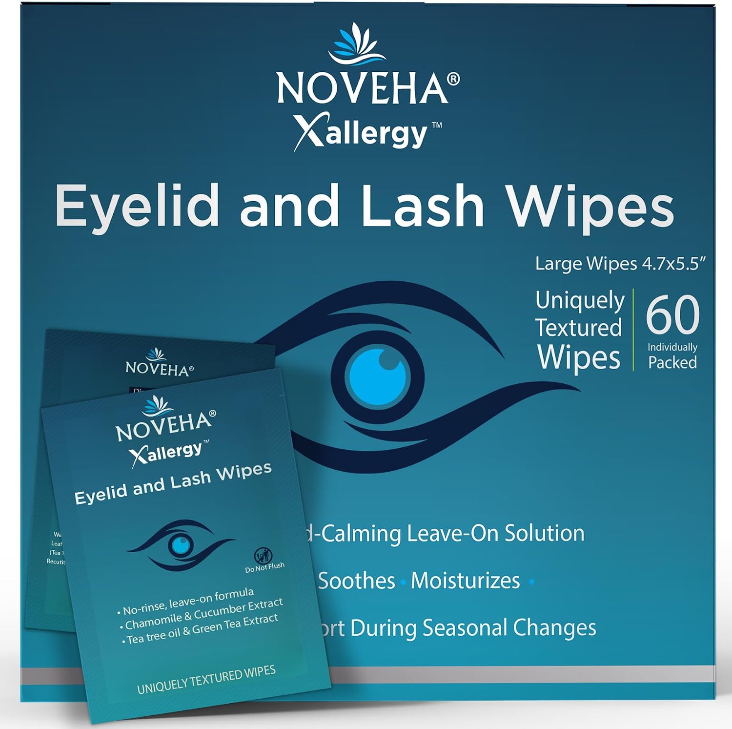 NOVEHA 60Pcs Allergy Relief Eyelid Wipes | Pre-moistened Hypoallergenic Eye Cleansing Pads, Reduce Itchiness, Redness & Discomfort Caused By Allergy, Clean, Soothe & Remove Debris (1 Pack)