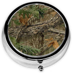 Metal Pill Organizer - 3-Compartment Mini Round Pill Case for Pocket & Purse, Portable Vitamin Holder, Easy-Open Design for Travel - Camo Camouflage Leaves