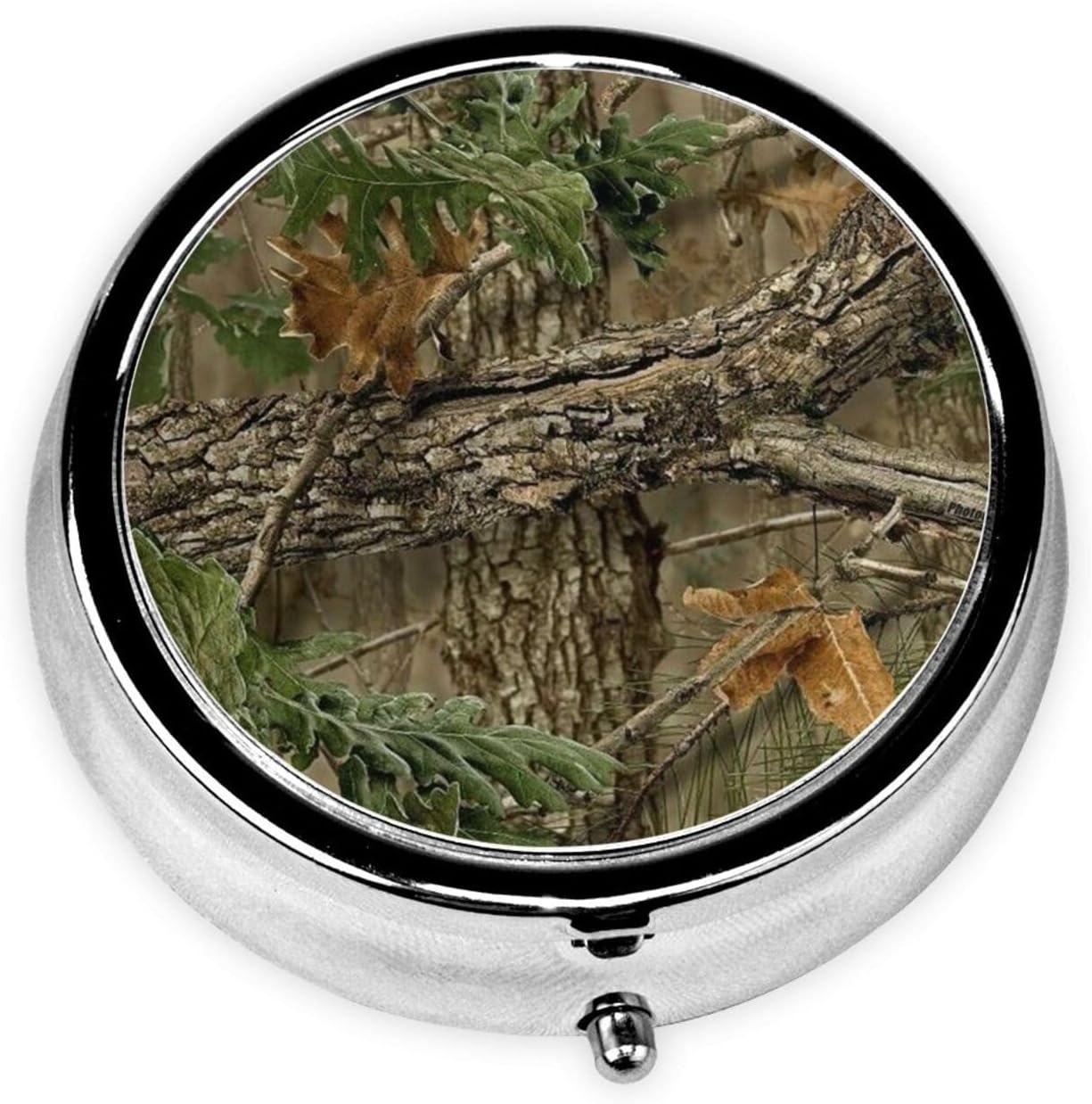 Metal Pill Organizer - 3-Compartment Mini Round Pill Case for Pocket & Purse, Portable Vitamin Holder, Easy-Open Design for Travel - Camo Camouflage Leaves