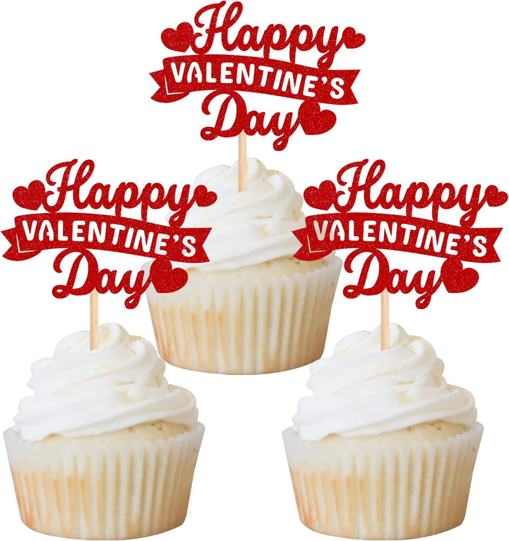 Rsstarxi 24 Pack Happy Valentine's Day Cupcake Toppers Red Glitter Sweet Love Cupcake Food Picks Valentine Cupcake Topper for Happy Valentine's Day Birthday Party Cake Decorations Supplies