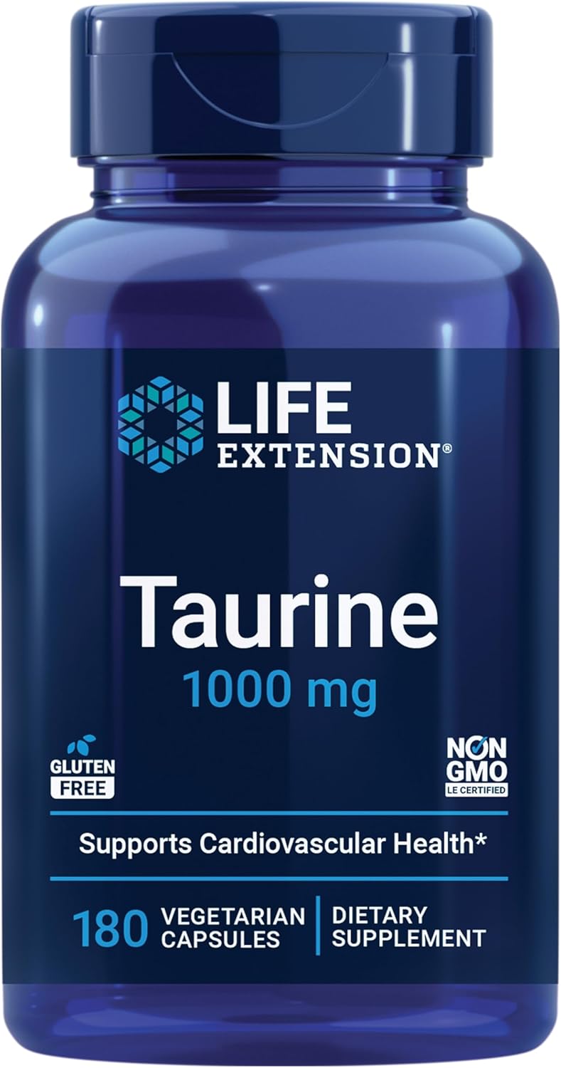 Life Extension Taurine, Pure Taurine Amino Acid Supplement, Heart, Liver and Brain Health, Longevity, Muscle and Exercise, 1000 mg, Non-GMO, Gluten-Free, Vegetarian, 180 Vegetarian Capsules