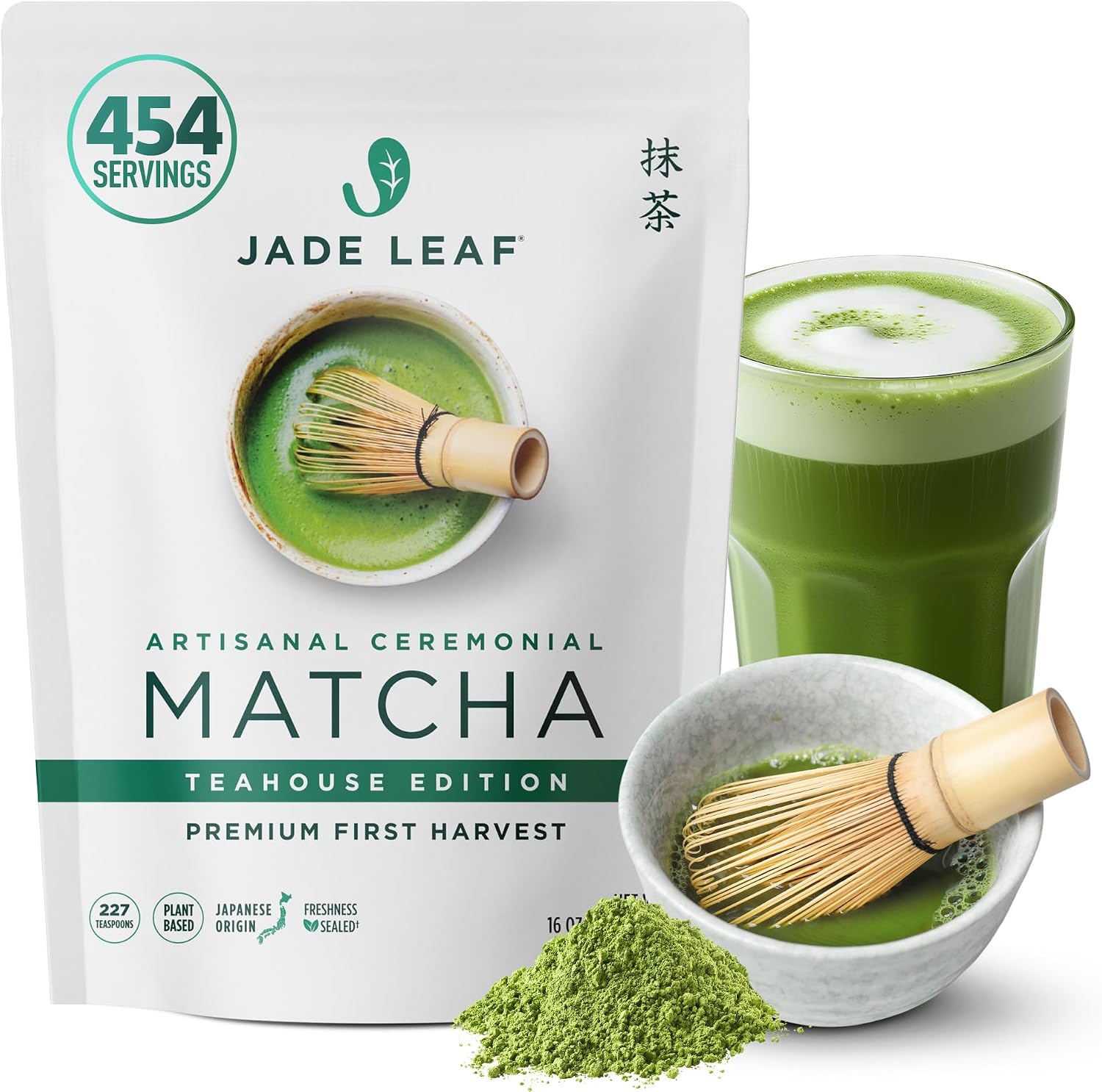Jade Leaf Matcha Ceremonial Grade Matcha Green Tea Powder - Authentic Japanese Origin - Artisanal Teahouse Edition Premium First Harvest (1 Pound Bulk Pouch)
