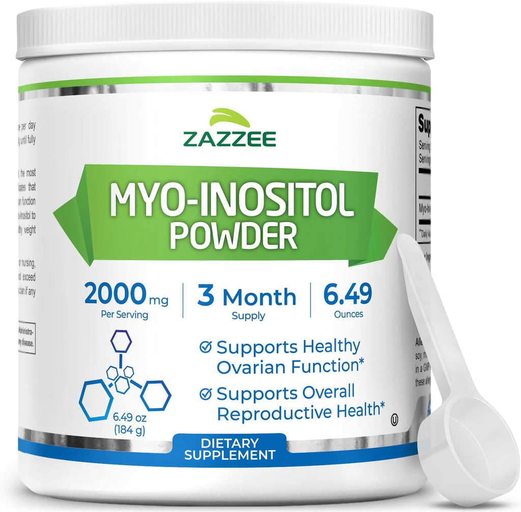 Zazzee Myo-Inositol Powder, 3 Month Supply, 92 Servings, 2000 mg per Serving, Free Scoop for Exact Dosage, 6.49 Ounces, Certified Kosher, 100% Pure, Fertility & Reproductive Support, Made in the USA