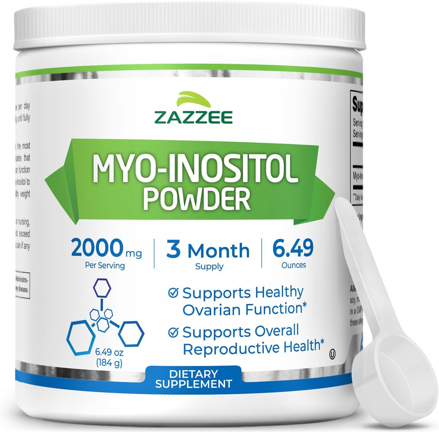 Zazzee Myo-Inositol Powder, 3 Month Supply, 92 Servings, 2000 mg per Serving, Free Scoop for Exact Dosage, 6.49 Ounces, Certified Kosher, 100% Pure, Fertility & Reproductive Support, Made in the USA