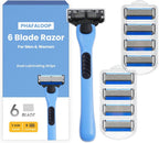 6-Blade Men's Razor with Dual Lubrication, Shaving Kit for Men, 10 Piece Set, 1 Handle & 9 Refill Cartridges, Smooth Comfortable Shave (Blue)