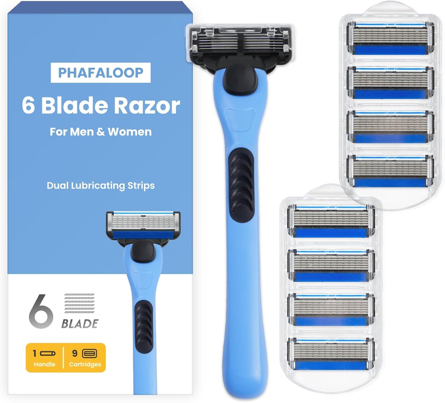 6-Blade Men's Razor with Dual Lubrication, Shaving Kit for Men, 10 Piece Set, 1 Handle & 9 Refill Cartridges, Smooth Comfortable Shave (Blue)