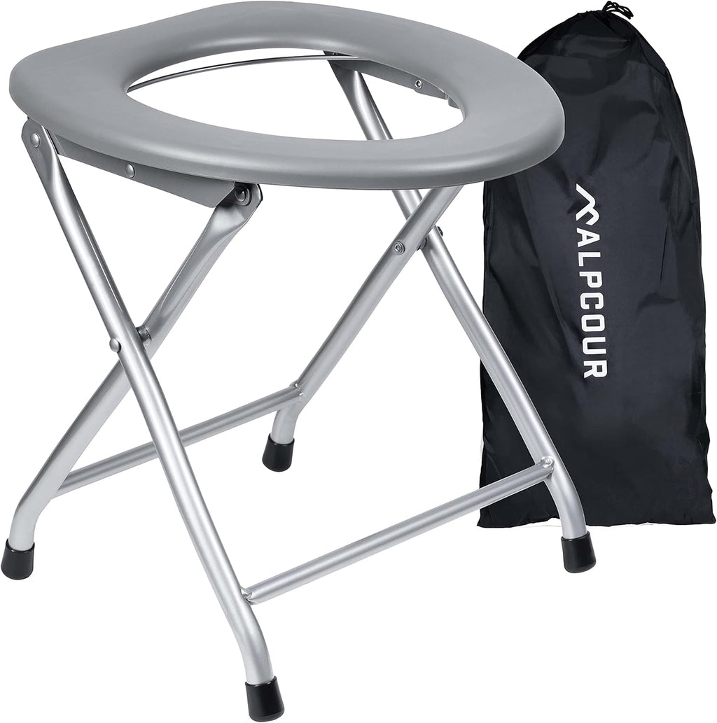 Alpcour Portable Toilet Seat – Compact Lightweight Indoor & Outdoor Commode w/Built-In Bag Hooks & Travel Bag – Heavy-Duty Stainless-Steel Chair is Durable & Convenient For Camping, Travel & Emergency
