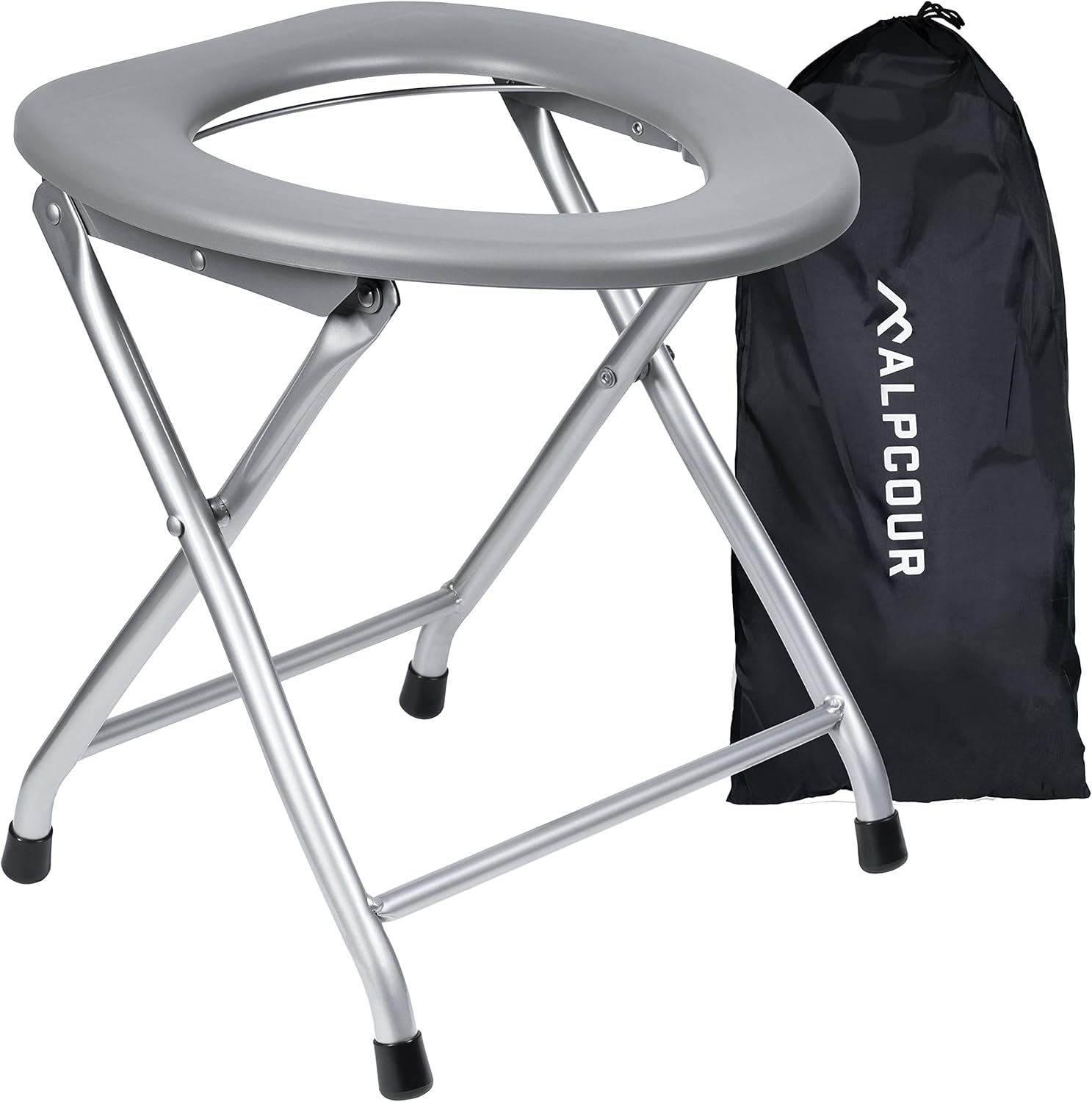 Alpcour Portable Toilet Seat – Compact Lightweight Indoor & Outdoor Commode w/Built-In Bag Hooks & Travel Bag – Heavy-Duty Stainless-Steel Chair is Durable & Convenient For Camping, Travel & Emergency