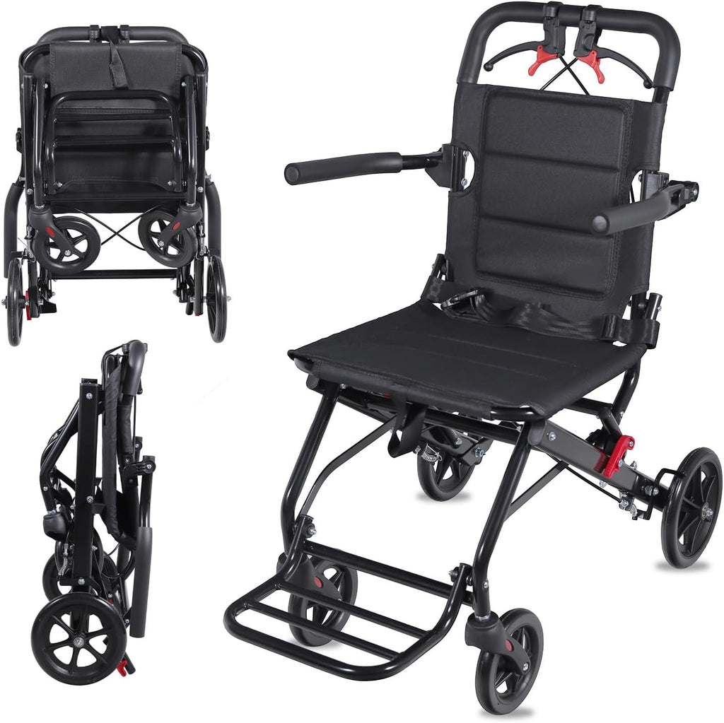 Ultra Lightweight Foldable Travel Wheelchair, 17.6 lbs Carbon Steel High Load-Bearing Capacity,Transport Chair for Adults and Seniors, Portable Manual Wheelchair Ideal for Travel (Black)
