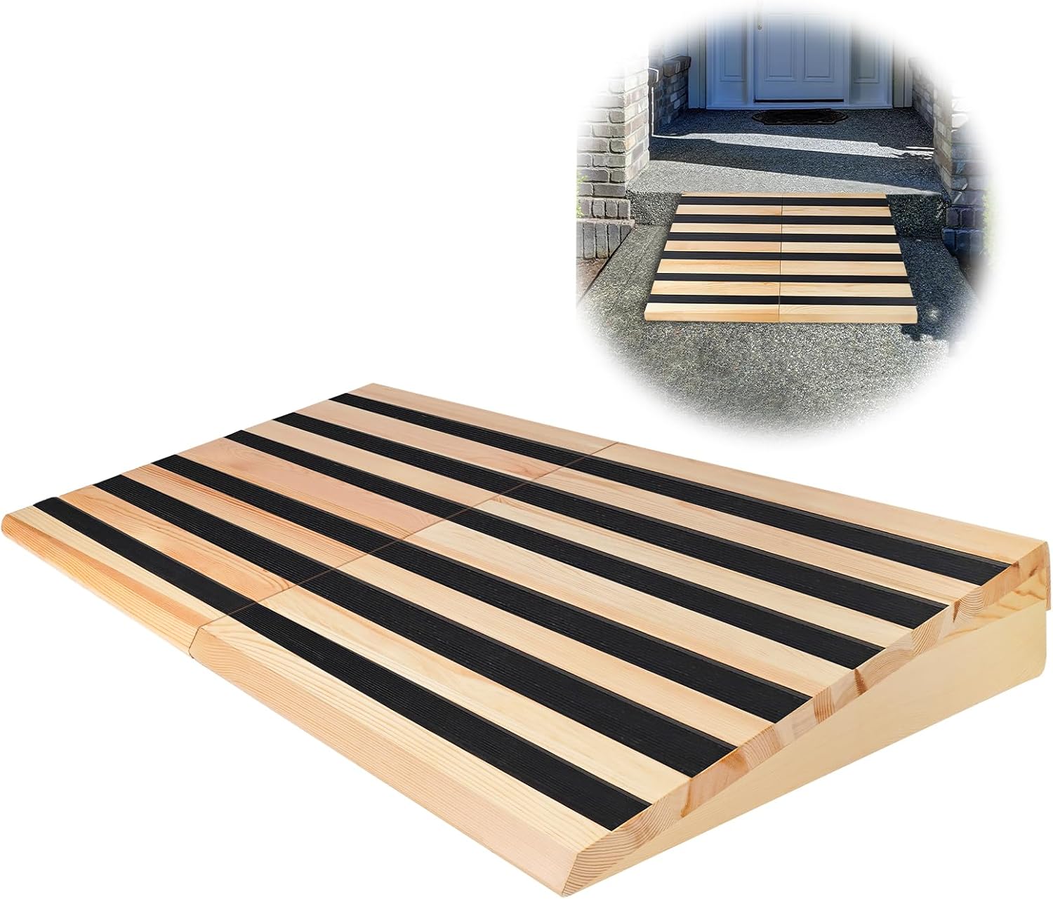 Wooden Threshold Ramp for Home Steps, 5" Rise Doorway Ramp for Wheelchair/Walker/Cart/Scooter, Multipurpose Door Ramp with Non-Slip Stripes(35.4" W*5.0" H, Solid Wood, 800LBs Capacity)